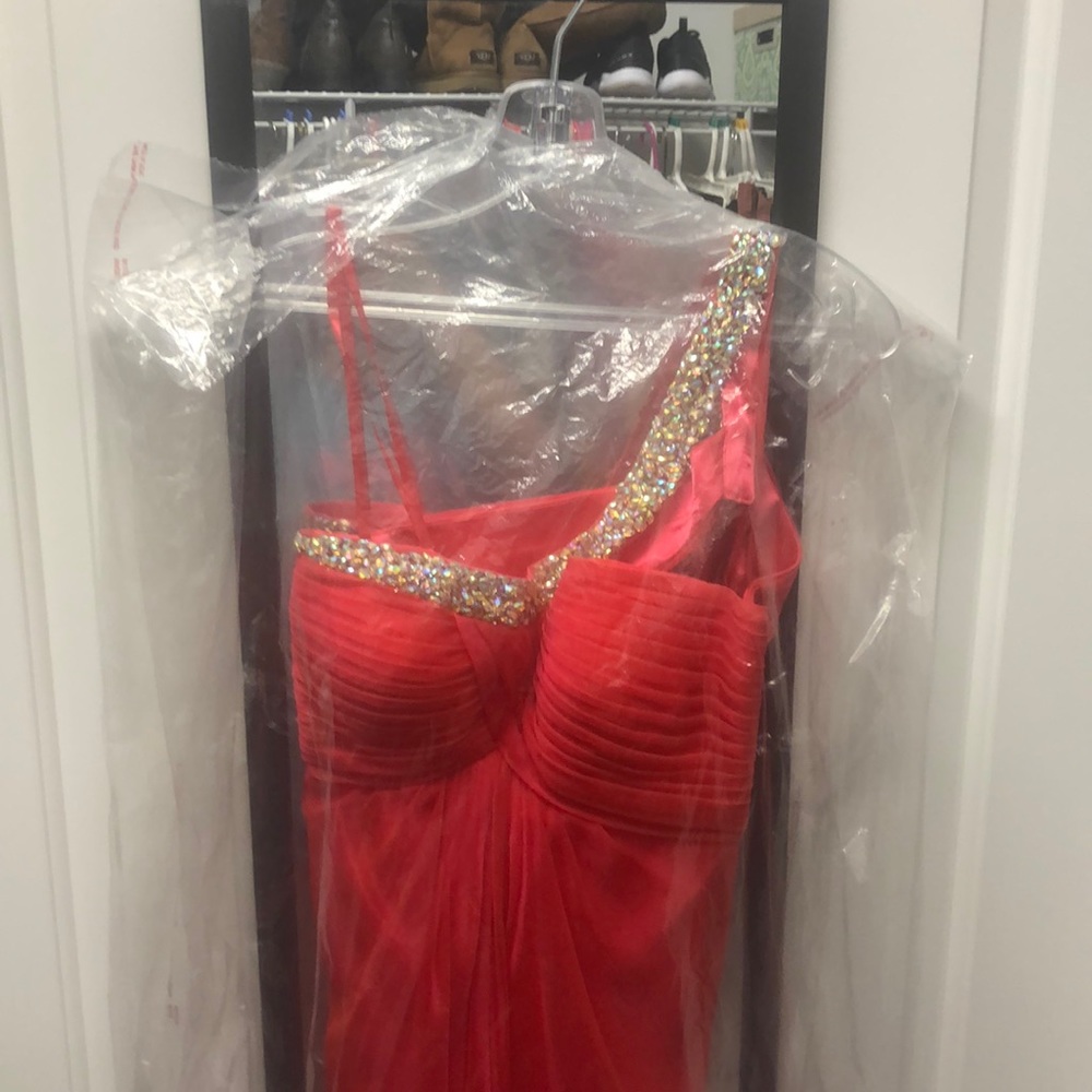 La Femme Red Prom Dress with Gold Accents
